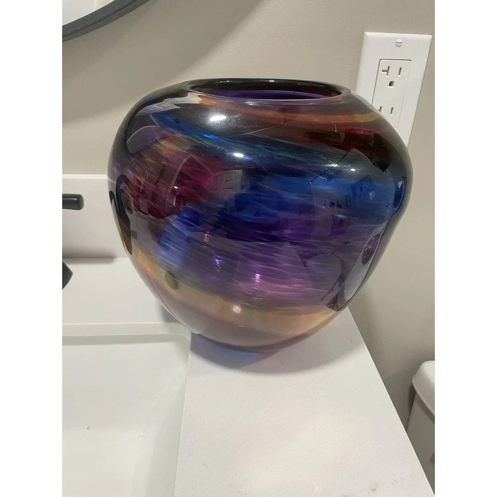 Stephen R. Nelson Signed Hand Blown Studio Art Glass Vase Multicolor Ribbon 8.5